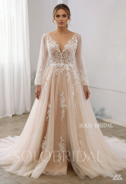 Dark Champagne deep V neck slit long sleeve wedding dress 724A9927