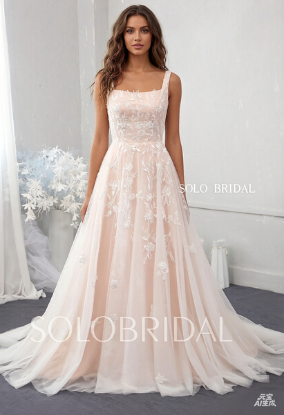 Blush pink A line tulle wedding dress