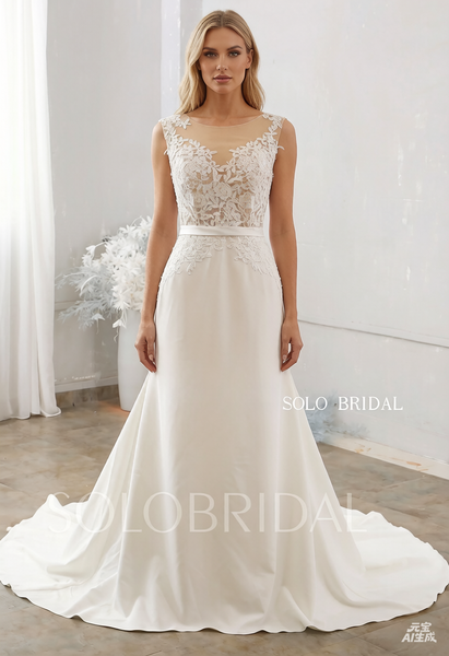 Ivory Crepe Fitted Wedding Dress Chapel Train 724A9970