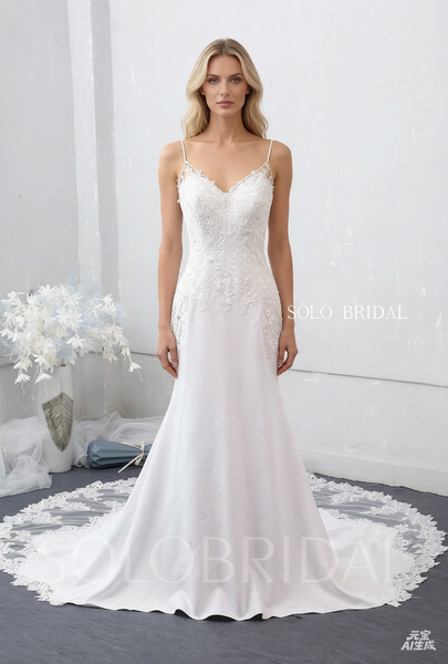 V Neck Fit and Flare Wedding Dress with Cathedral Train