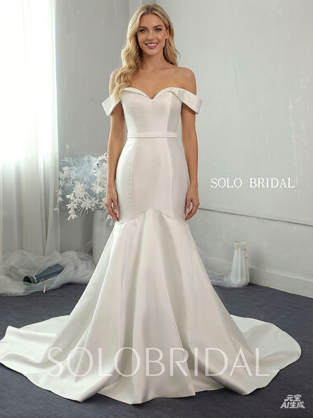 Ivory mikado fit and flare satin off shoulder wedding gowns with ruffle tulle overskirt