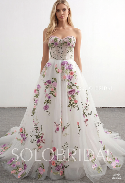 New purple roses sweetheart A line floral wedding dress 20241207F