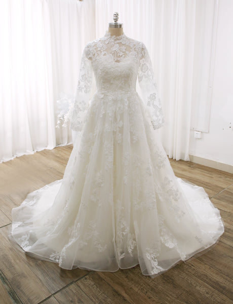 Ivory A line Muslim Long Sleeve Covered Lace Wedding Dress DPP_0001