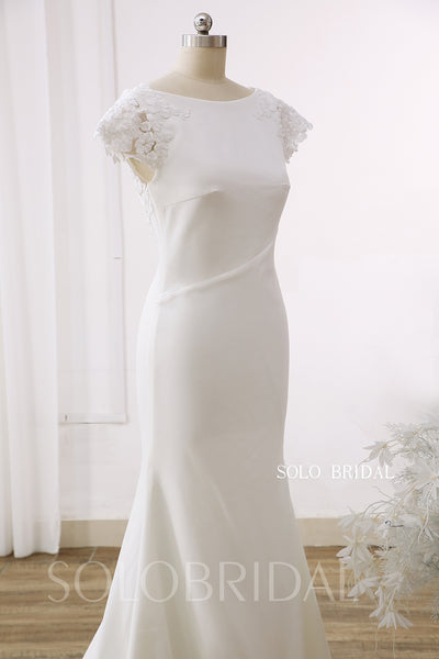 Ivory Boat Neck Cap Sleeve Low Backless Fit and Flare Crepe Wedding Dress DPP_0002