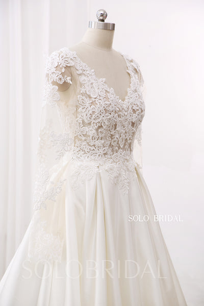Ivory Bridal Satin Long Sleeve V Neck A Line Wedding Dress DPP_0001