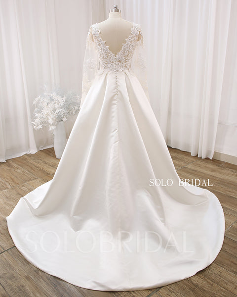 Ivory Bridal Satin Long Sleeve V Neck A Line Wedding Dress DPP_0001