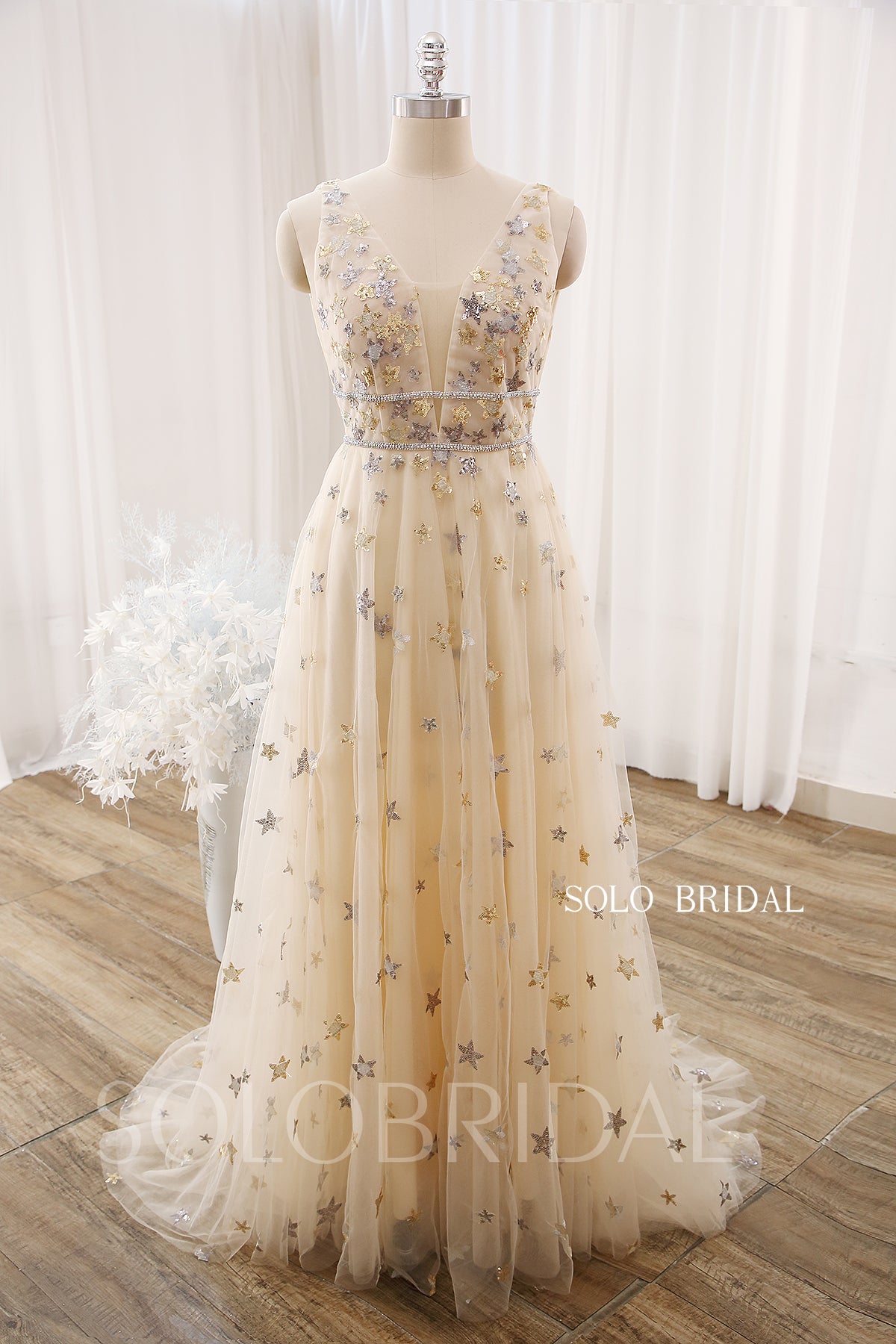 Champagne A line V Neck Beading Belt Gold Star Tulle Prom Dress DPP_0019