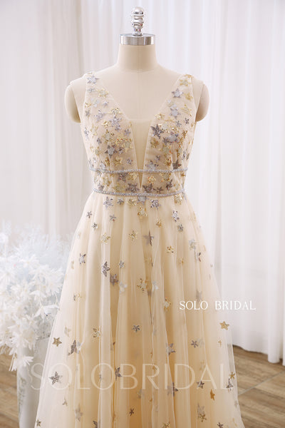 Champagne A line V Neck Beading Belt Gold Star Tulle Prom Dress DPP_0019