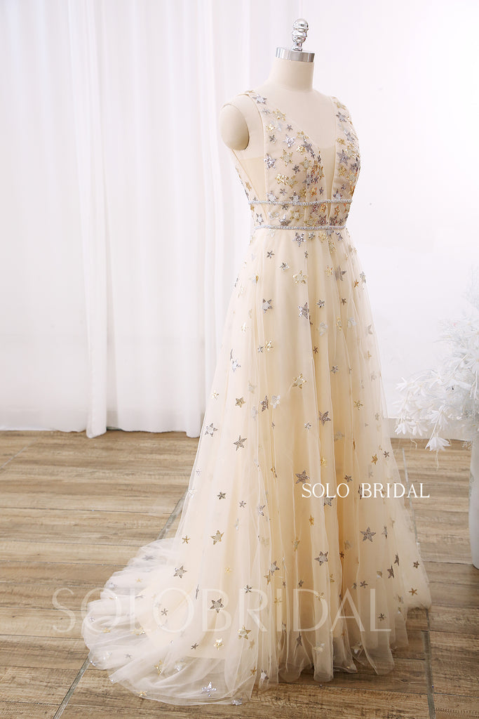 Champagne A line V Neck Beading Belt Gold Star Tulle Prom Dress DPP_00 SoloBridal Champagne A line V Neck Beading Belt Gold Star Tulle Prom Dress DPP_00 SoloBridal