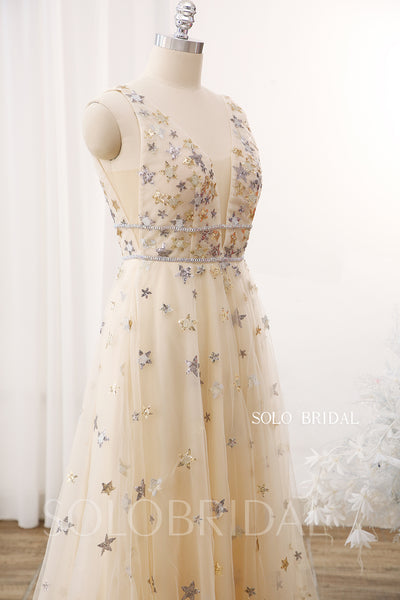 Champagne A line V Neck Beading Belt Gold Star Tulle Prom Dress DPP_0019