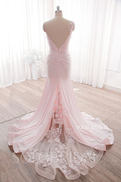 DPP_0018 Pink V neck Spghatti Strap 3D Flower Lace Train Wedding Dress