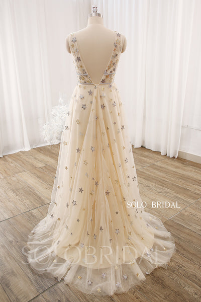 Champagne A line V Neck Beading Belt Gold Star Tulle Prom Dress DPP_0019