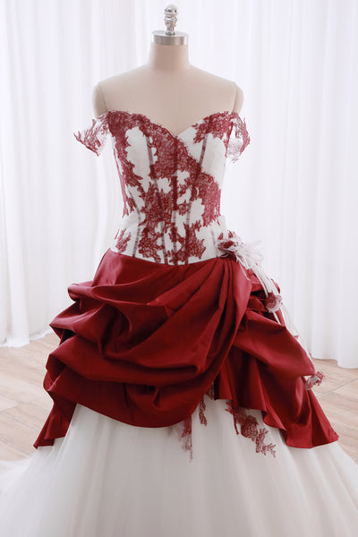 DPP_0037 White Red Ball Gown Off Shoulder Taffeta Wedding Gown