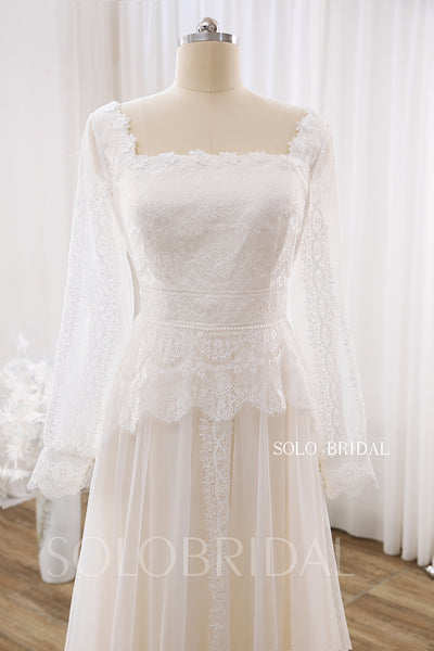 Ivory Square Neck Long Sleeve Small A Line Lace Wedding Dress DPP_0040
