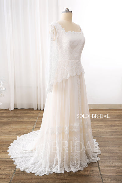 Ivory Square Neck Long Sleeve Small A Line Lace Wedding Dress DPP_0040