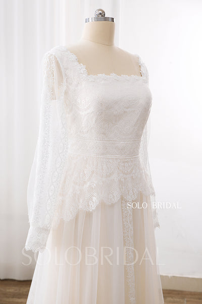 Ivory Square Neck Long Sleeve Small A Line Lace Wedding Dress DPP_0040