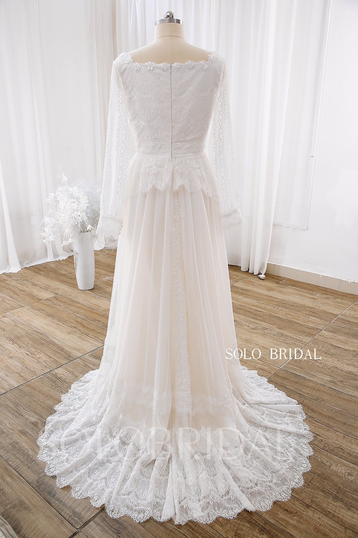 Ivory Square Neck Long Sleeve Small A Line Lace Wedding Dress DPP_0040   SoloBridal
