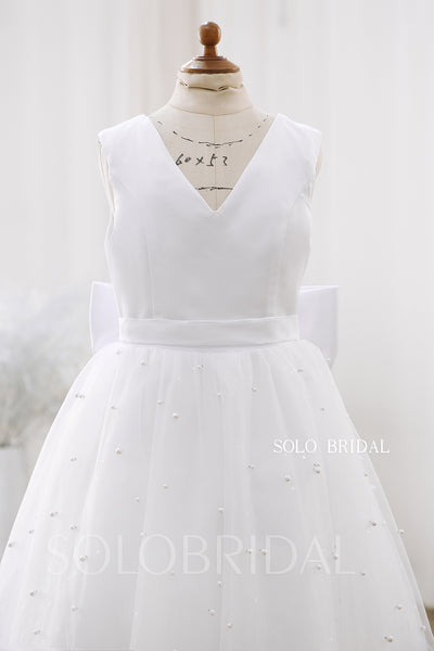 White V neck Satin Top Pearl Tulle Skirt Flower Girl Dress DPP_0080