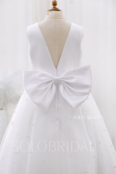 White V neck Satin Top Pearl Tulle Skirt Flower Girl Dress DPP_0080