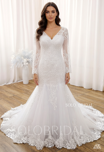 White V neck Long Sleeve Court Train Zipper Mermaid Wedding Dress DPP_0002