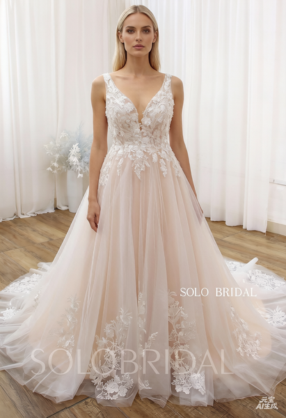Blush A Line V Neck Sleeveless Court Train Wedding Dress DPP_000a