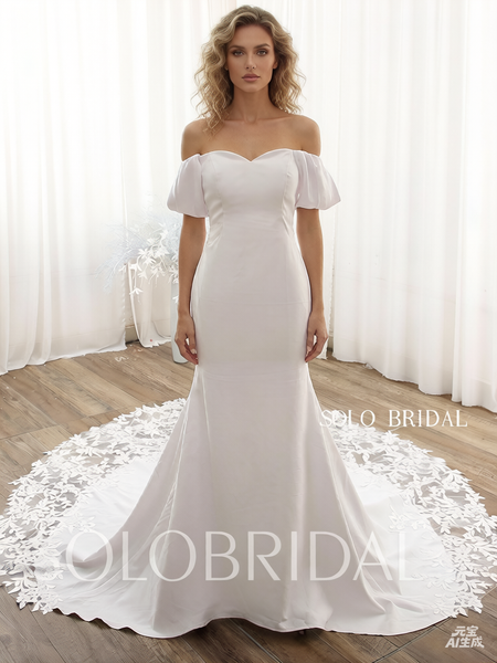 White Fit and Flare Off Shoulder Crepe Wedding Dress with Lace Tail DPP_000a