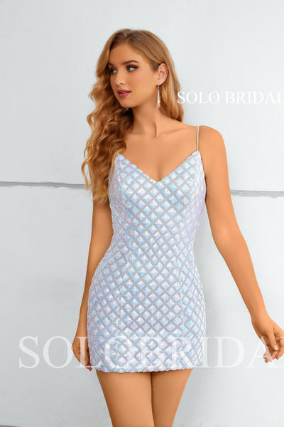 Blue Rhomboid Sparkle Sequin V Neck Mini Dresses 1810992