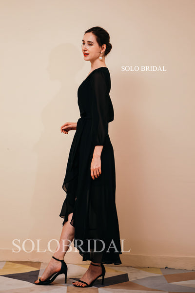 Black high low slit chiffon bridesmaid dress