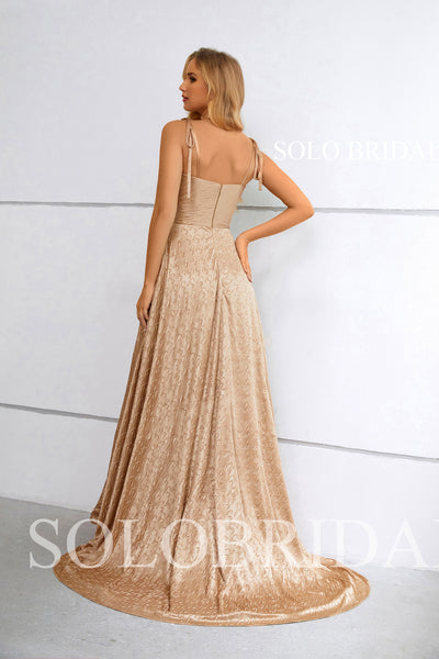 Champagne Coffee A Line V neck Split Spaghetti Strap Evening Dress 201104k1