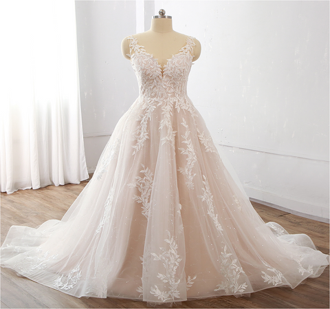 Hot Sale Champagne A Line Leaf Lace Wedding Gown