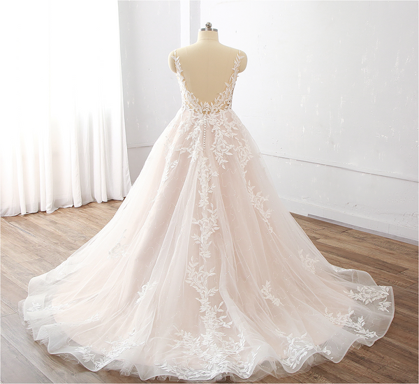 Hot Sale Champagne A Line Leaf Lace Wedding Gown