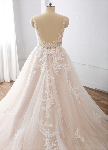 Hot Sale Champagne A Line Leaf Lace Wedding Gown