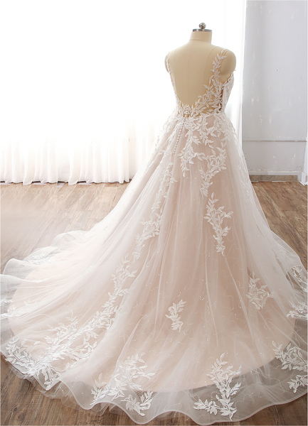 Hot Sale Champagne A Line Leaf Lace Wedding Gown