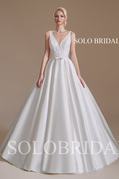 Ivory Bridal Satin A line V Neck Floor Length Wedding Dress - 2110621