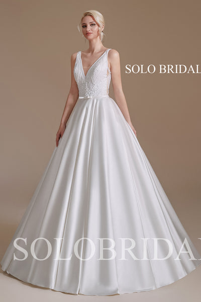 Ivory Bridal Satin A line V Neck Floor Length Wedding Dress - 2110621