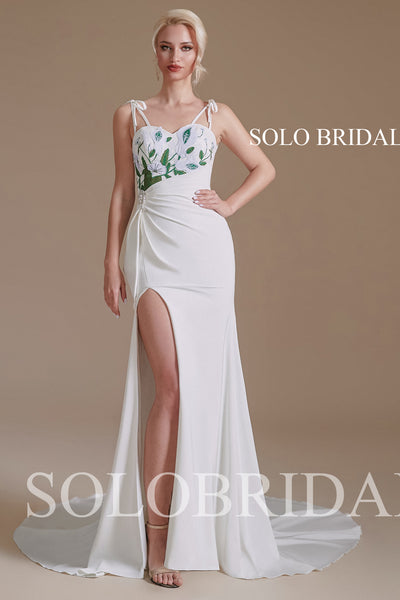 Ivory Sexy Double Spaghetti Straps Sweetheart Green Embroidery Slit Crepe Wedding Dress - 2110631