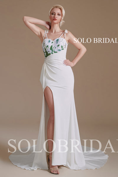 Ivory Sexy Double Spaghetti Straps Sweetheart Green Embroidery Slit Crepe Wedding Dress - 2110631