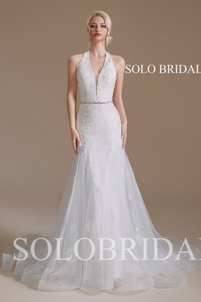 Ivory Halter Off Shoulder Fit and Flare Wedding Dress - 2110641