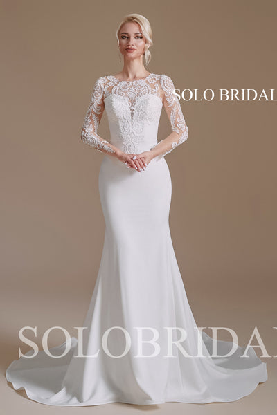 Ivory Beaded Crepe Long Sleeve Wedding Dress - 2110661