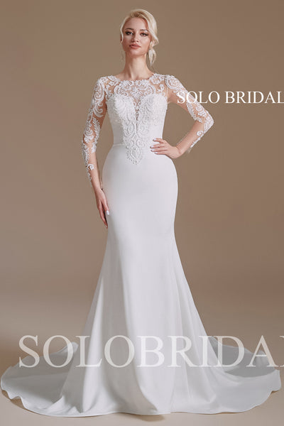 Ivory Beaded Crepe Long Sleeve Wedding Dress - 2110661
