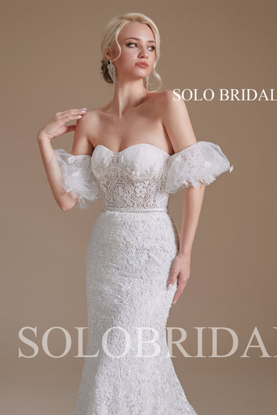 2110671 Ivory Sweetheart Off Shouler Fitted Lace Wedding Dress