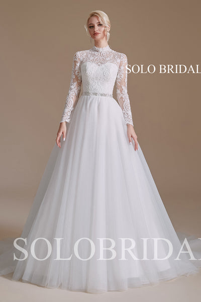 2110691 Ivory A line Long Sleeve High Neck Lace Wedding Dress