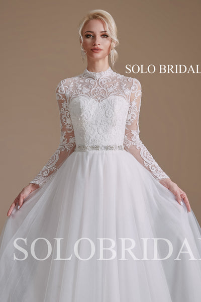 2110691 Ivory A line Long Sleeve High Neck Lace Wedding Dress