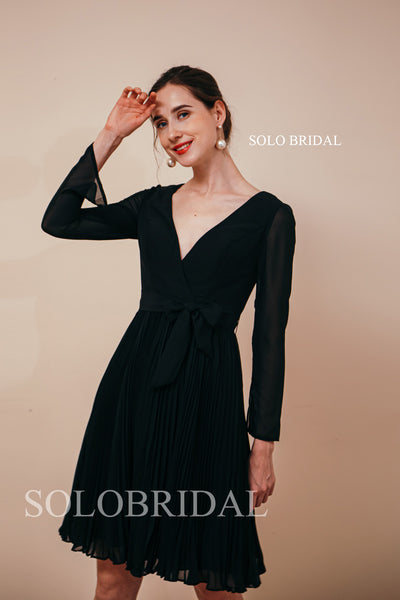 Black Pleated Chiffon Short Length A Line Bridesmaid Dresses
