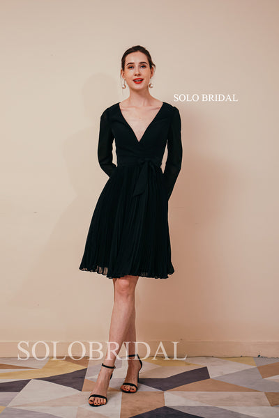 Black Pleated Chiffon Short Length A Line Bridesmaid Dresses