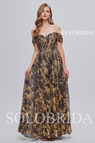 2810821 Leopard Color Chiffon Off Shoulder Floor Length Prom Dress