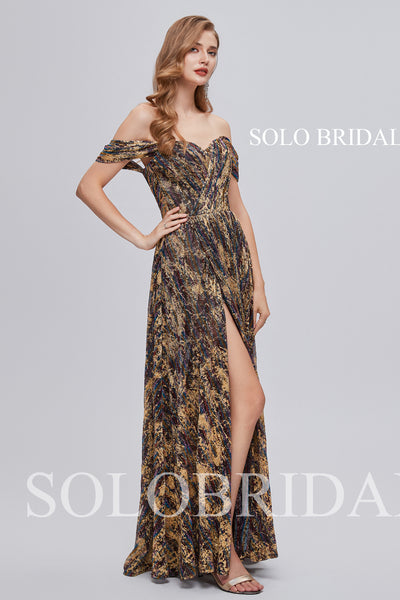 2810821 Leopard Color Chiffon Off Shoulder Floor Length Prom Dress
