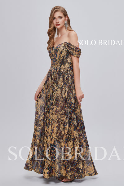 2810821 Leopard Color Chiffon Off Shoulder Floor Length Prom Dress