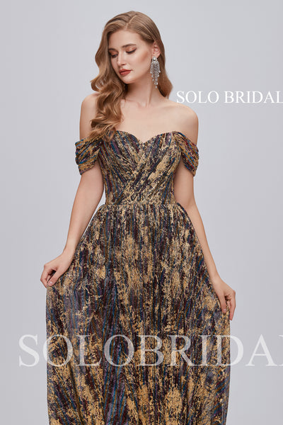 2810821 Leopard Color Chiffon Off Shoulder Floor Length Prom Dress