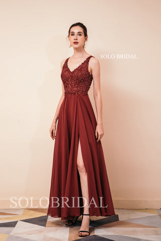 Fashion Women V Neck Lace Beaded Slit Sleeveless Wedding Party Evening Bridesmaid Dresses